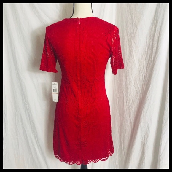 SHARAGANO RED LACE SHORT SLEEVE SHEATH DRESS - Picture 4 of 7